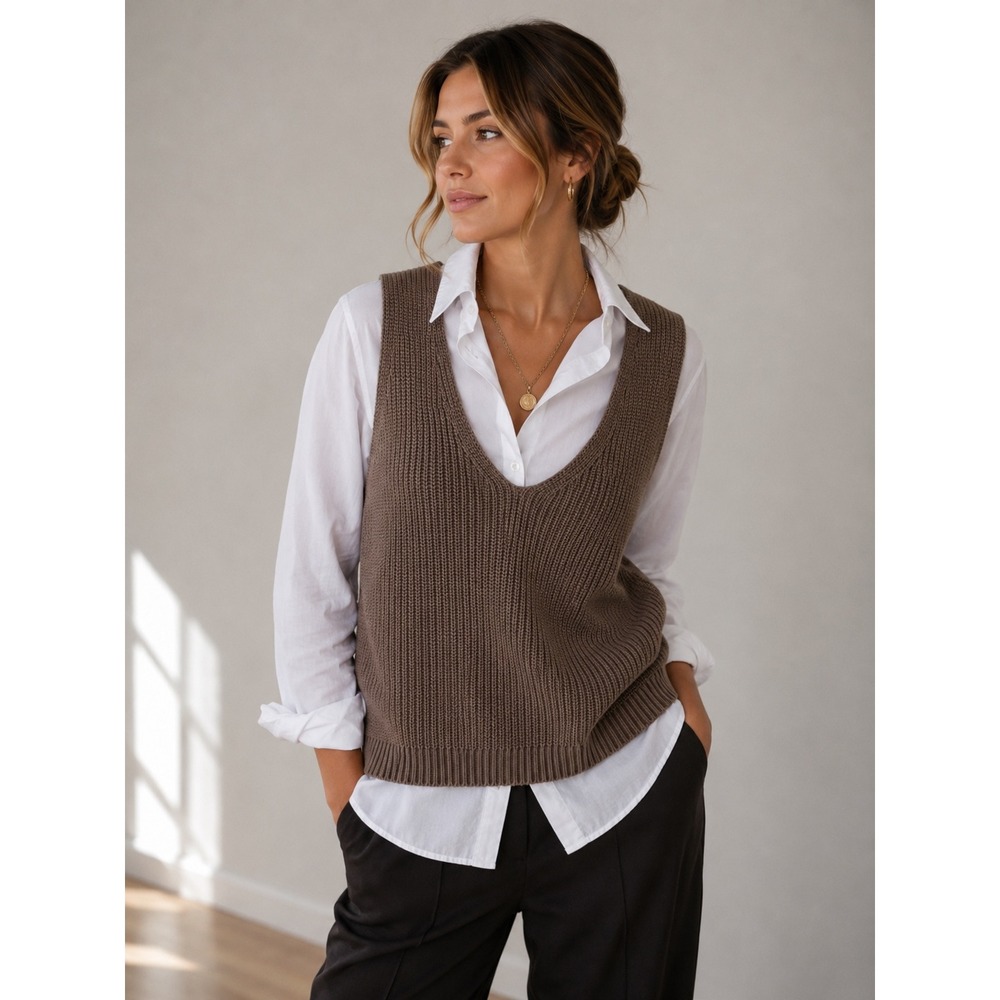 NWT JJXX Knit Sweater Vest Taupe Sleeveless V-Neck Top Size S